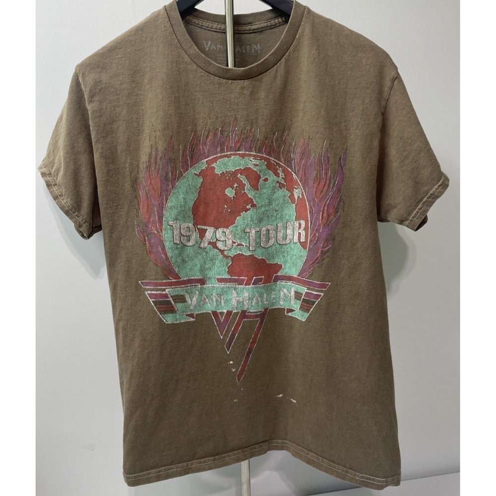 Van Halen T-Shirt Mens‎ Medium Brown Good 1979 World Tour Graphic Rock Band Tee